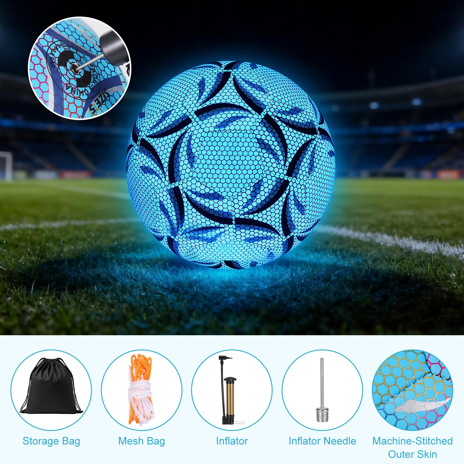 Leuchtender Fußball, Fußball Leuchten im Dunkeln Größe 5, Reflektierender Fussball mit Pumpe für Nachtspiele Training, Sport Leuchtfußball für Erwachsene (Blau)