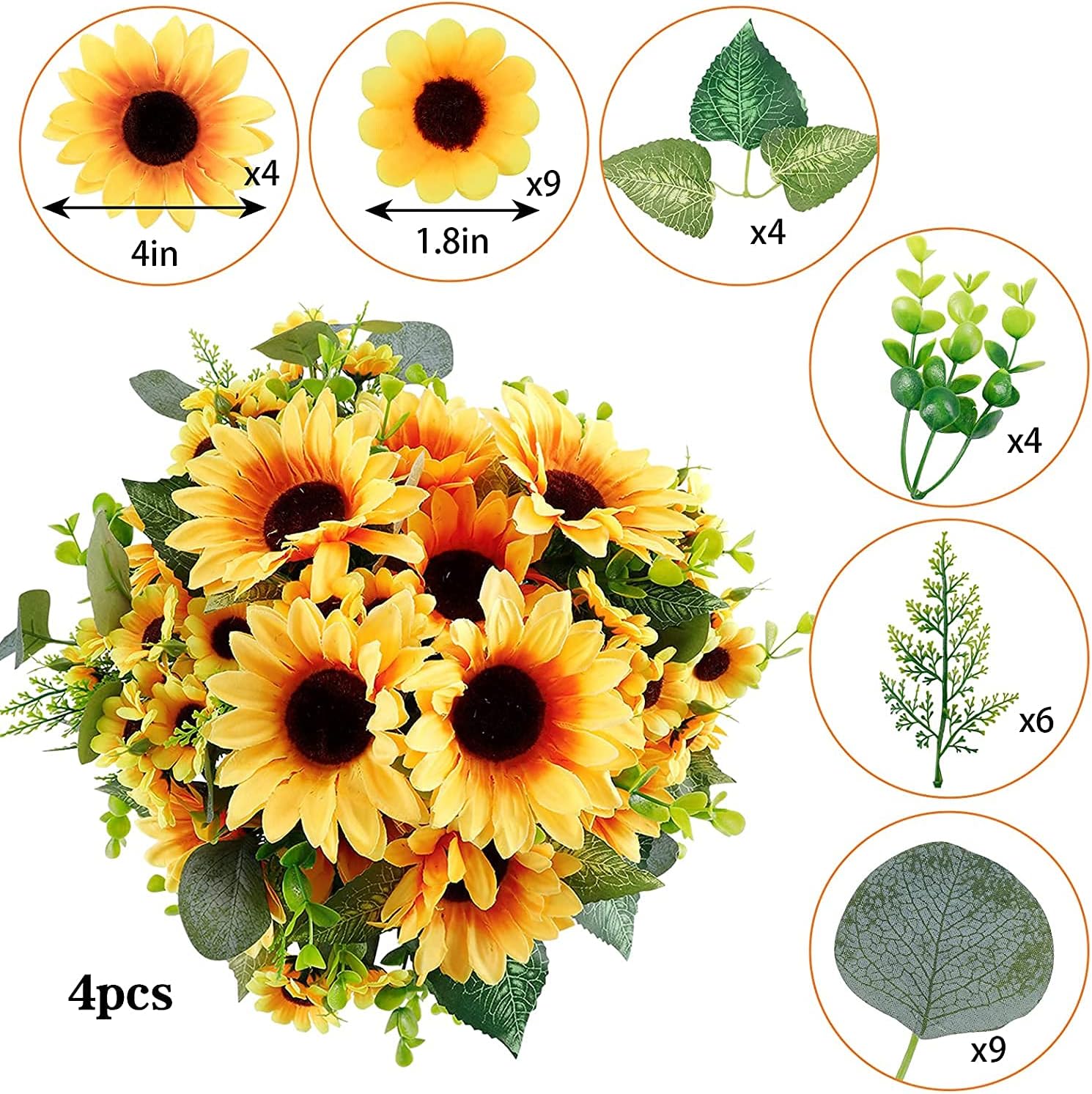 Ageomet Sunflowers Artificial Flowers Bouquet with Stems, 4 Fake Silk Faux Sunflower Arrangement for Home Wedding Kitchen Table Bridal Baby Shower Outdoor Indoor Decor