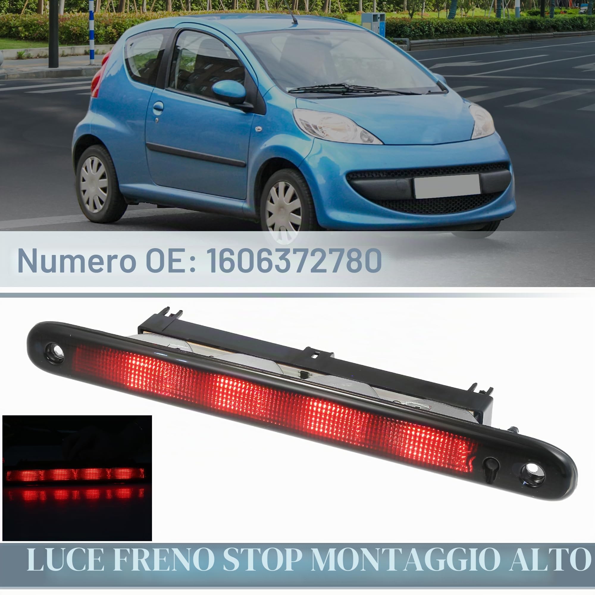 A ABSOPRO Coda Alta Montatura Freno Stop Luce Per Peugeot 107 05-14 1pc | Materiale: Plastica, Colore: Fumé, Dim: 28.5X3X5 Cm, Luce: LED Rossa, Impermeabile, Per Citroen C1 05-14