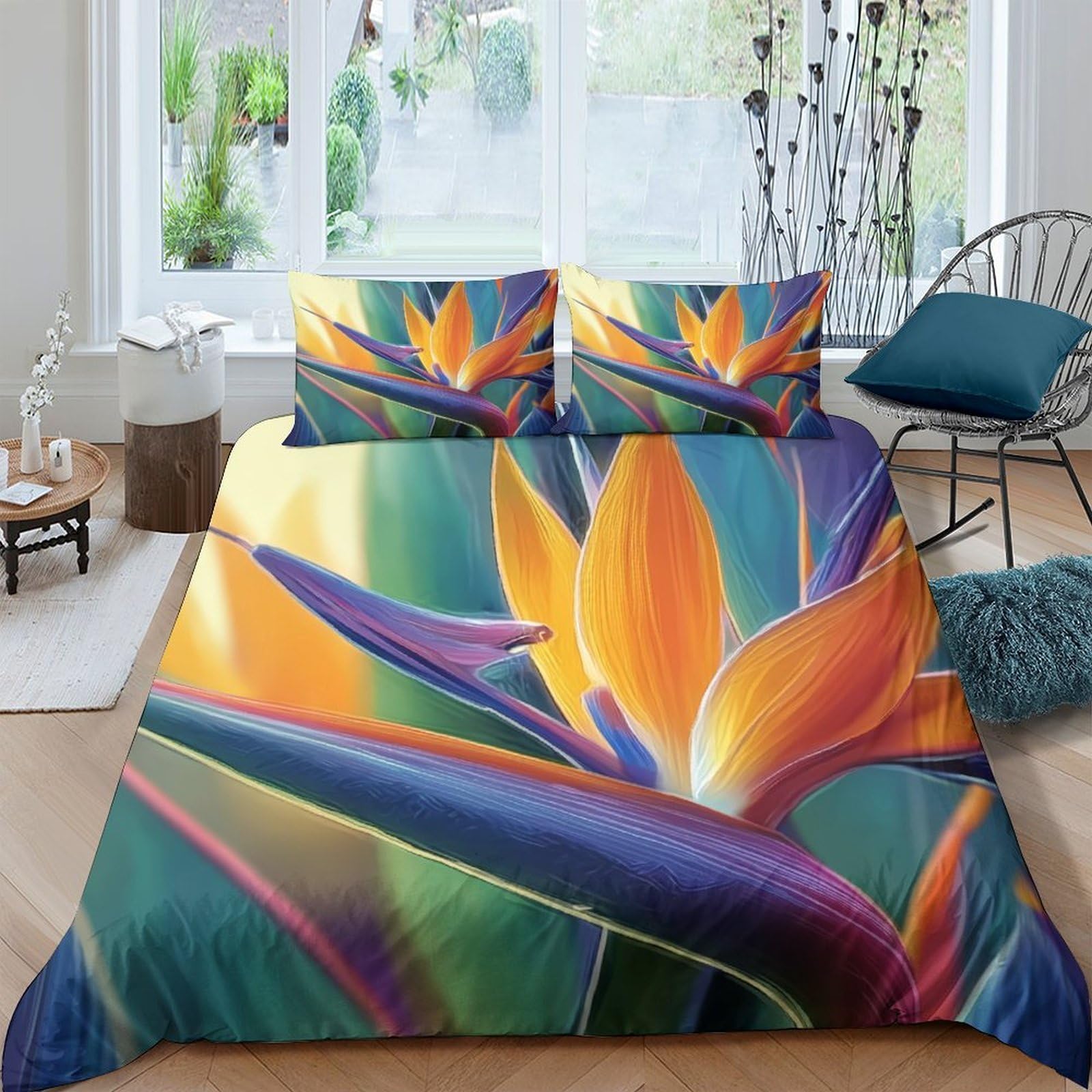 Ctjqhvkz Style-10 3D Printed Bird Of Paradise Fitted Sheet Microfiber Orange Flower Bed Cover For Bedroom Guest Room Mattress Decor Single（135X200cm）
