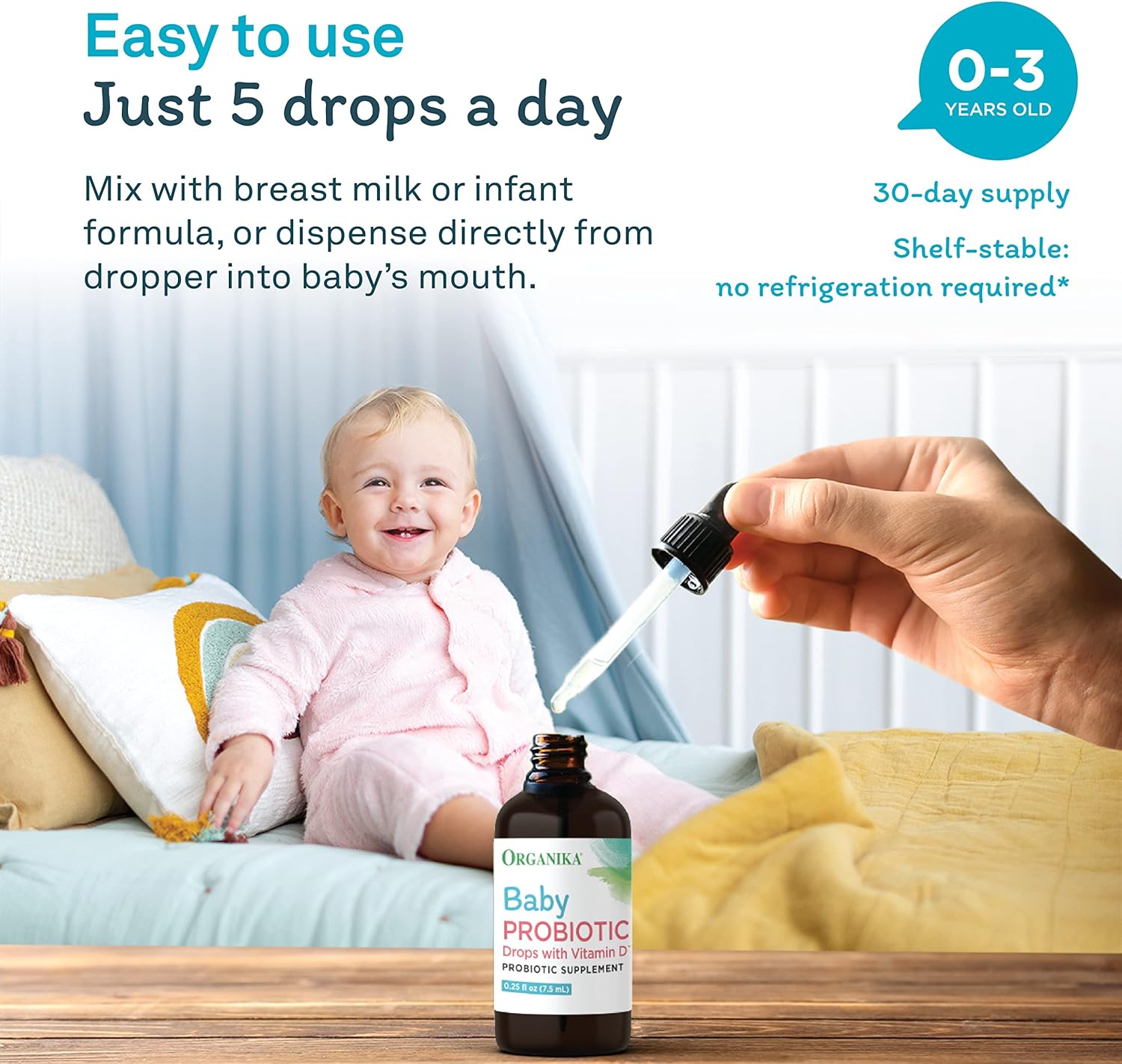 Organika Baby Probiotic Drops with Vitamin D- Soothe Colic, Reduce Fussing, Aid in Growth and Development- 0.25 oz - Image 4