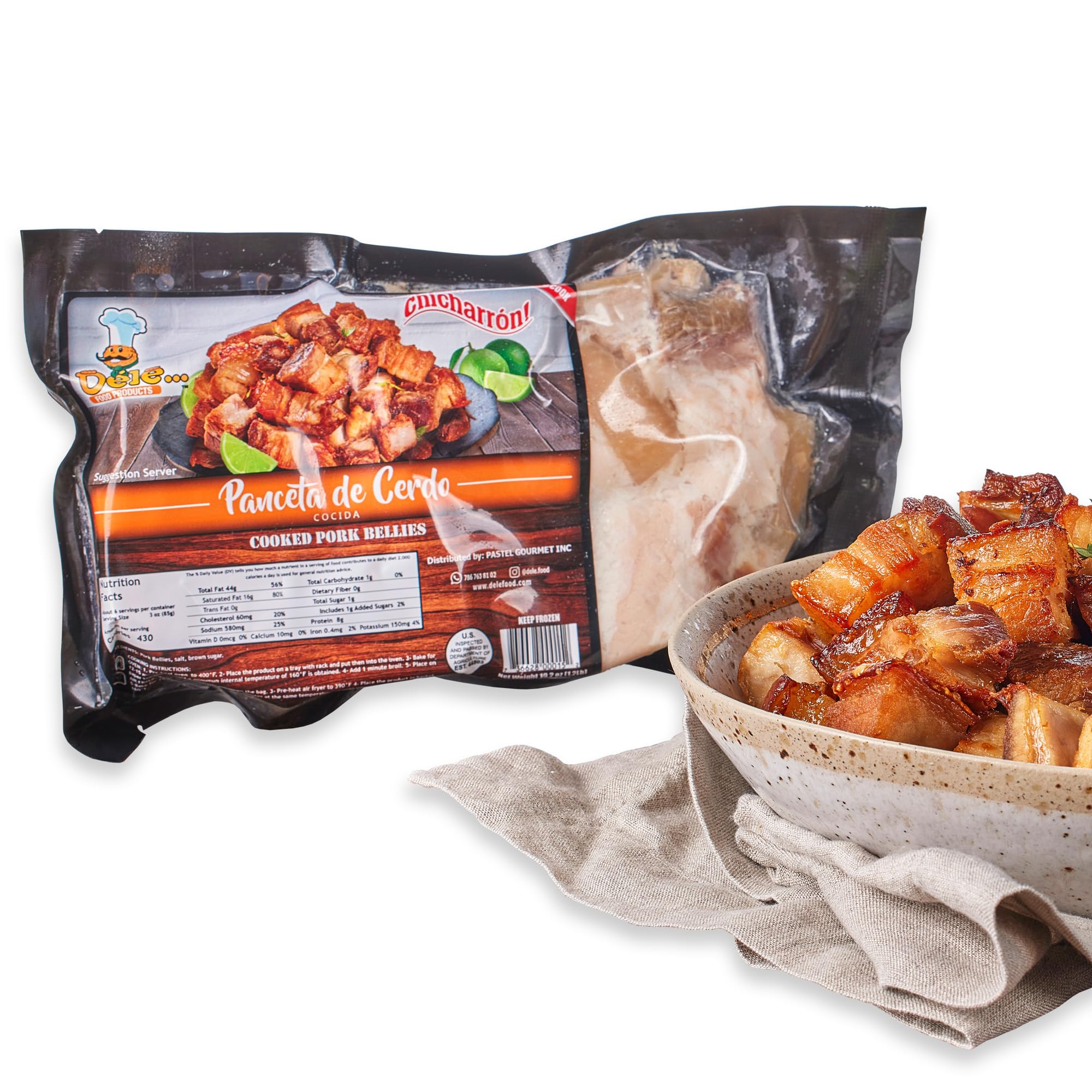DELE FOOD Diced Pork Belly Chicharron, 1.2 lbs – Pre-Cooked Panceta de Cerdo Cubes for Oven or Air Fryer – Gourmet Chicharrones with Pork Fat and Meat – Ready to Bake, Crisp, and Serve