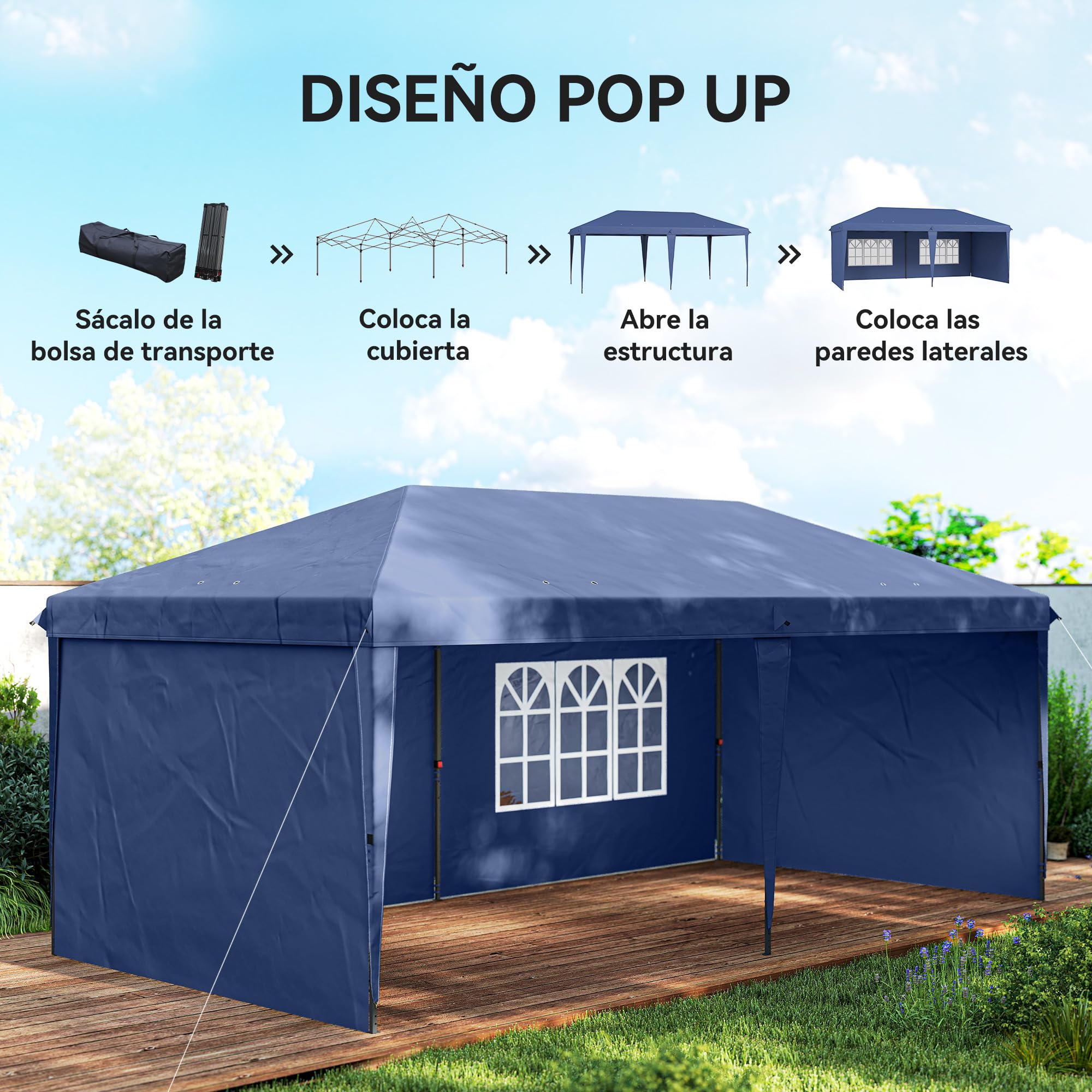 Outsunny Carpa Plegable 6x3 m, Pop-up, con 4 Laterales Desmontables, Cenador de Jardín con 2 Ventanas Visibles, Bolsa de Transporte, Impermeable, Anti-UV, Gazebo para Camping, Fiestas, Exterior, Azul