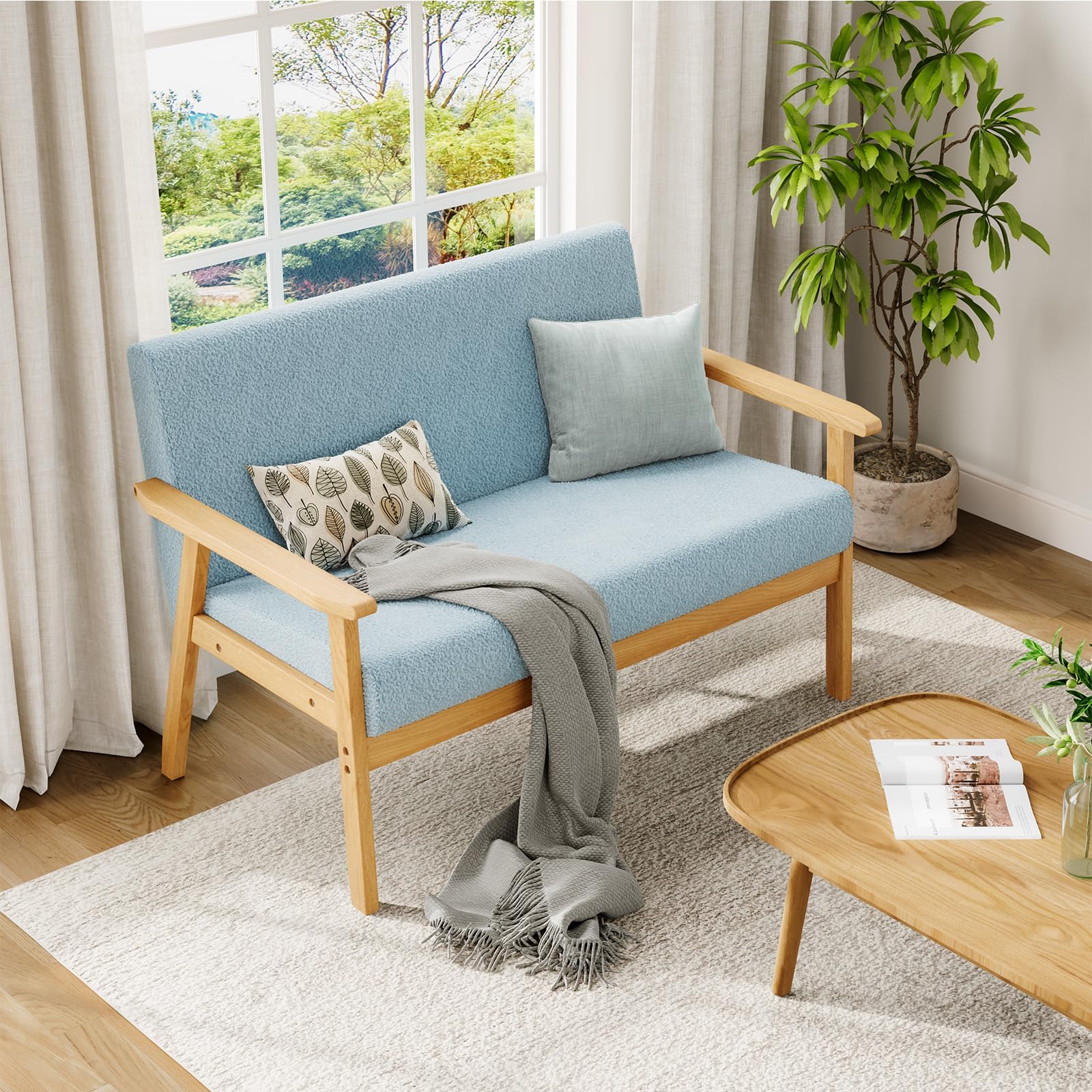 Dripex Divano a 2 posti, con cornice in legno, piccolo divano lounge da 2 pezzi, moderno e scandinavo, in velluto Teddy, per soggiorno, camera da letto, ufficio, Azzurro