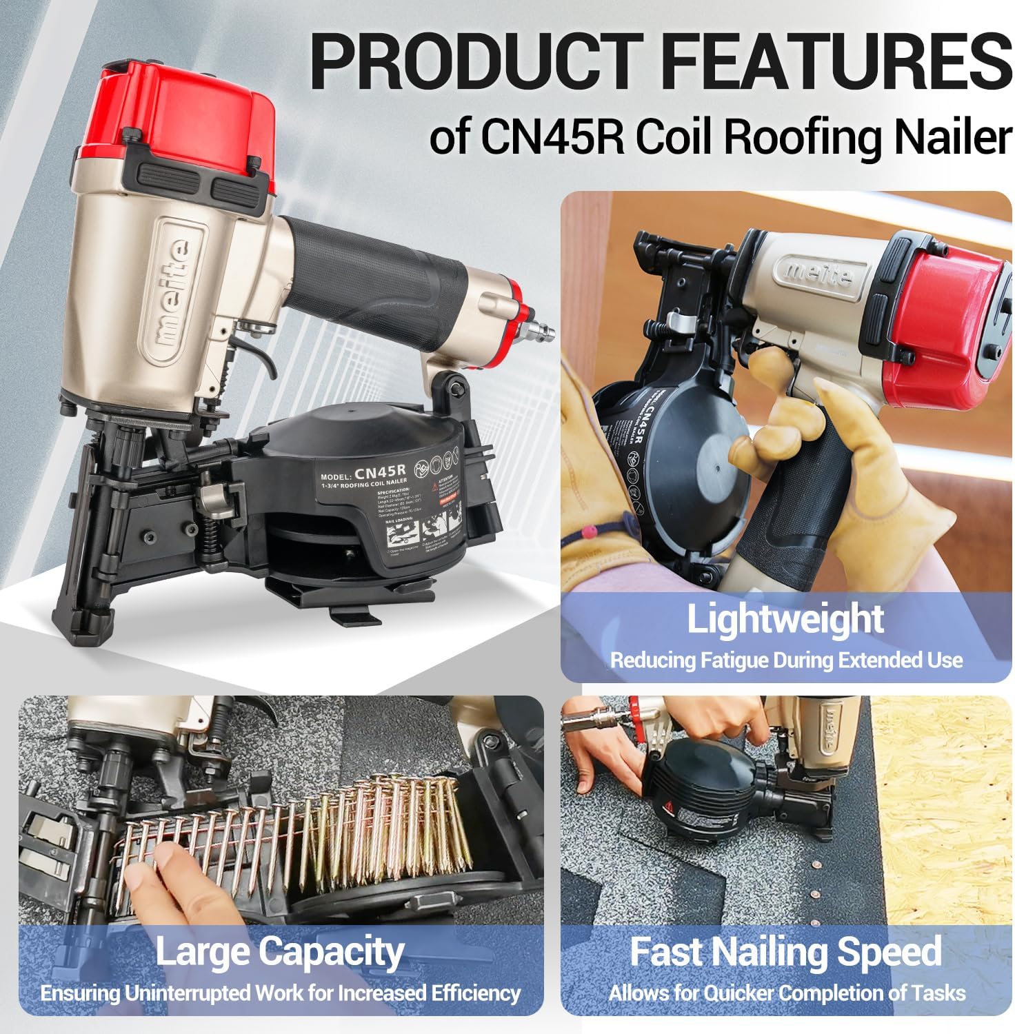 meite CN45R Roofing Nailer 15 Degree Coil Roofing Nail Gun, Pneumatic Nail Gun Accepts 7/8" to 1-3/4" Coil Roofing Nails, Roofing Nailer with 120 Nail Magazine for Asphalt Shingles Decking Sheathing