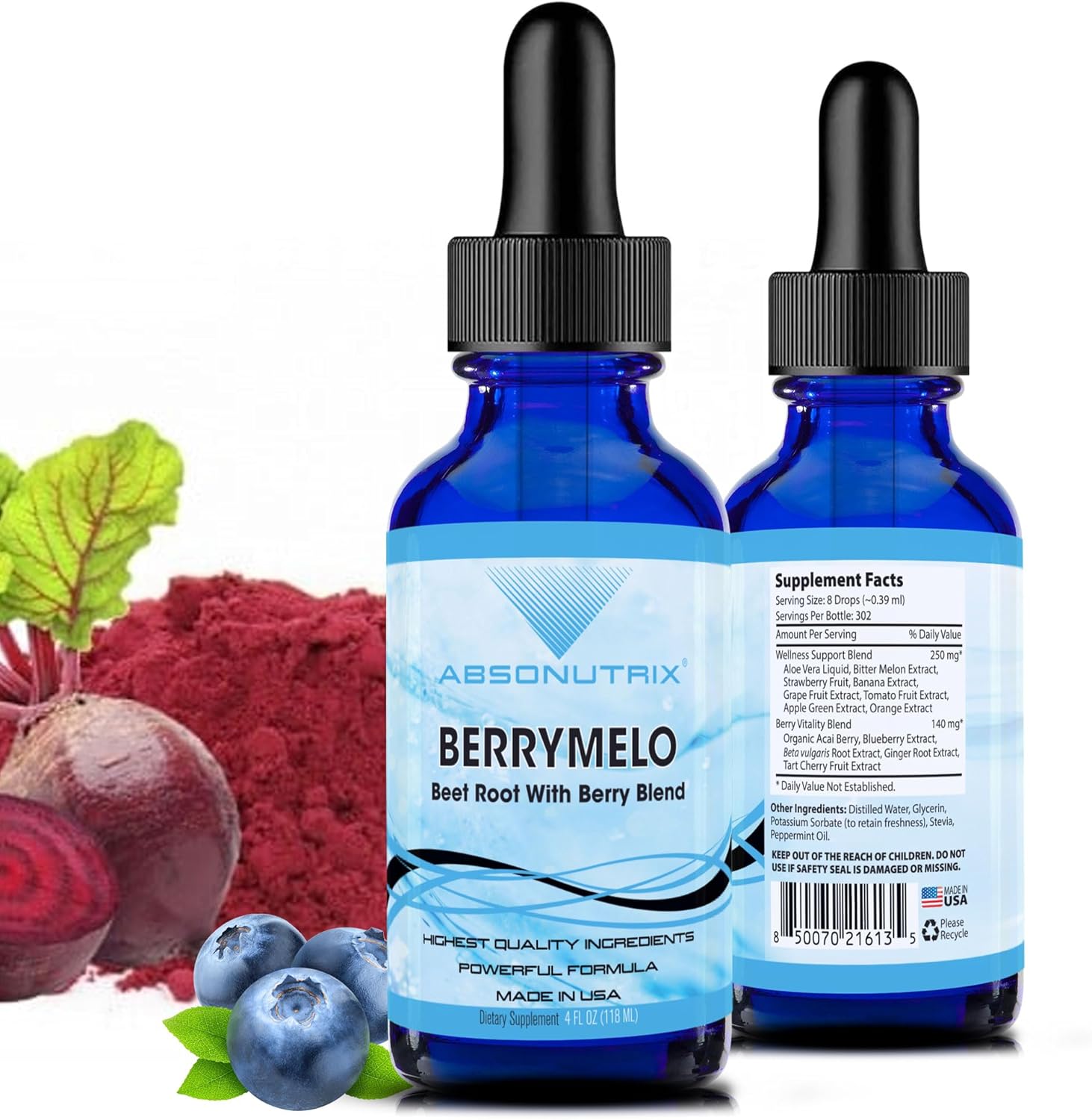 Absonutrix BerryMelo, 390 mg, 4 FL OZ Liquid, 302 Servings, Made in USA, Plant-Based Ingredients, Aloe Vera Liquid, Bitter Melon Extract, Gluten-Free, Non-GMO