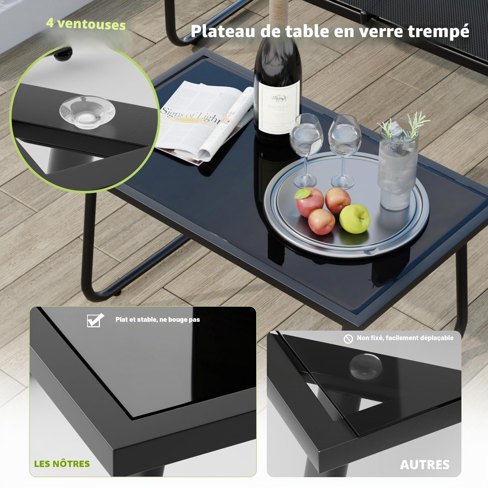 Mondeer Salon de Jardin Exterieur 4 Personnes, pour Terrasse Balcon (Noir) | Mobilier de Jardin avec 2 Places 2 fauteuils 1 Table Basse, Métal et Textilène