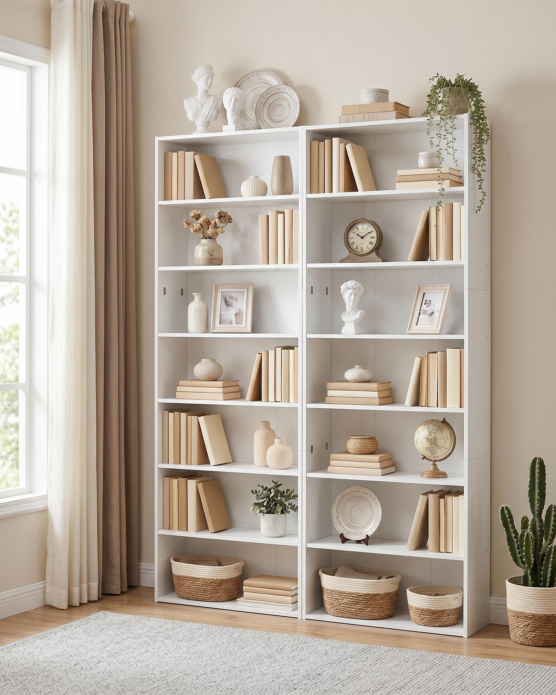 Lot de 2 Bibliotheques Hautes Blanches Etageres Rangement 7 Niveaux Meubles Salon Bibliothèques Étroites avec Rangement Livre