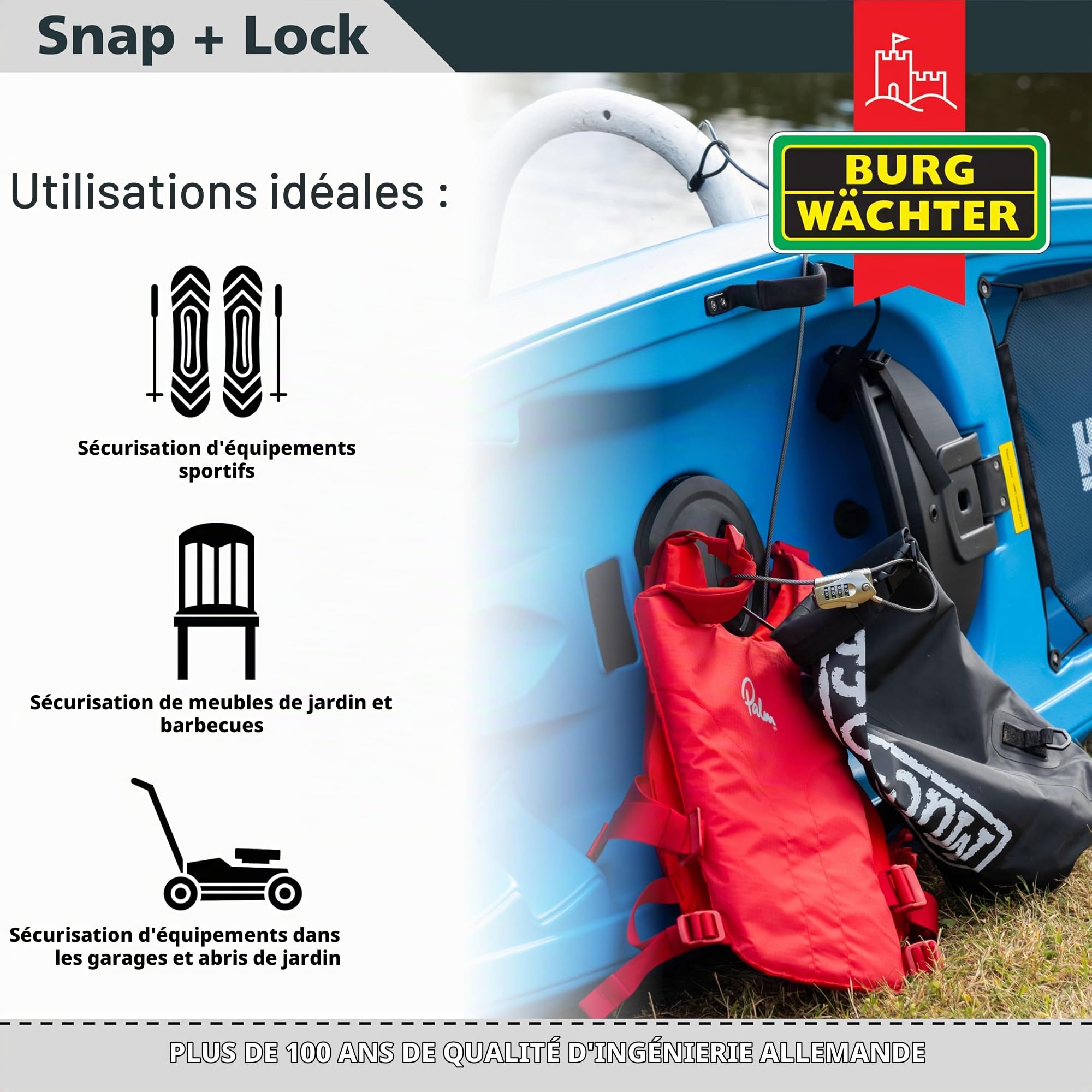 Burg-Wächter 720 200 Snap+Lock Câble antivol pour vélo, moto, scooter électrique et mobilier de jardin Noir 2 m