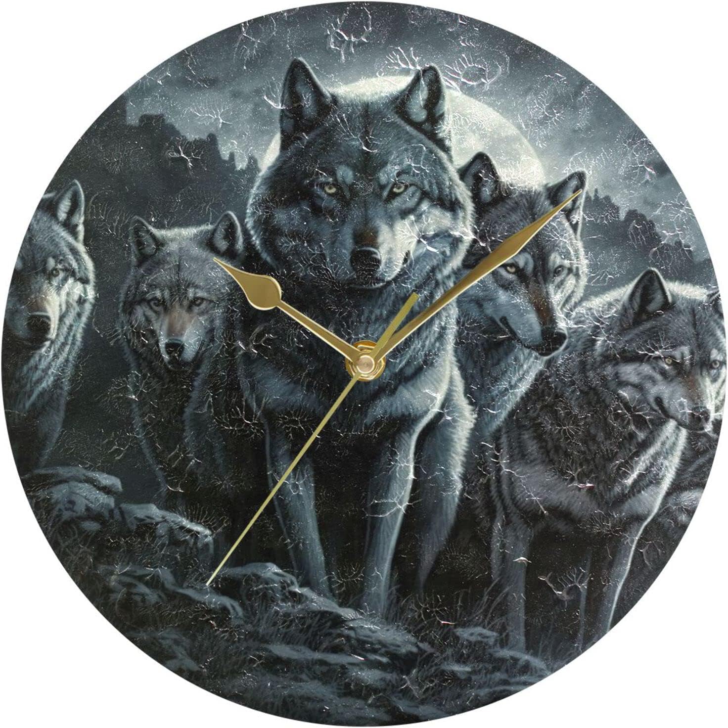AIXIWAWA Round Desk Clock Wall Clock Night Wolf Pack Print 9.84 inch Oil Painting Texture Modern Style