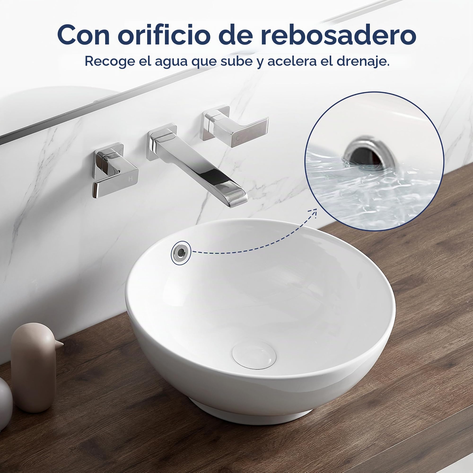 Eridanus Fregadero redondo con agujero de desbordamiento, lavabo de cerámica para encimera de baño, lavabo de porcelana vítrea para lavabo, baño, tocador, blanco brillante, 430 x 430 x 180 mm