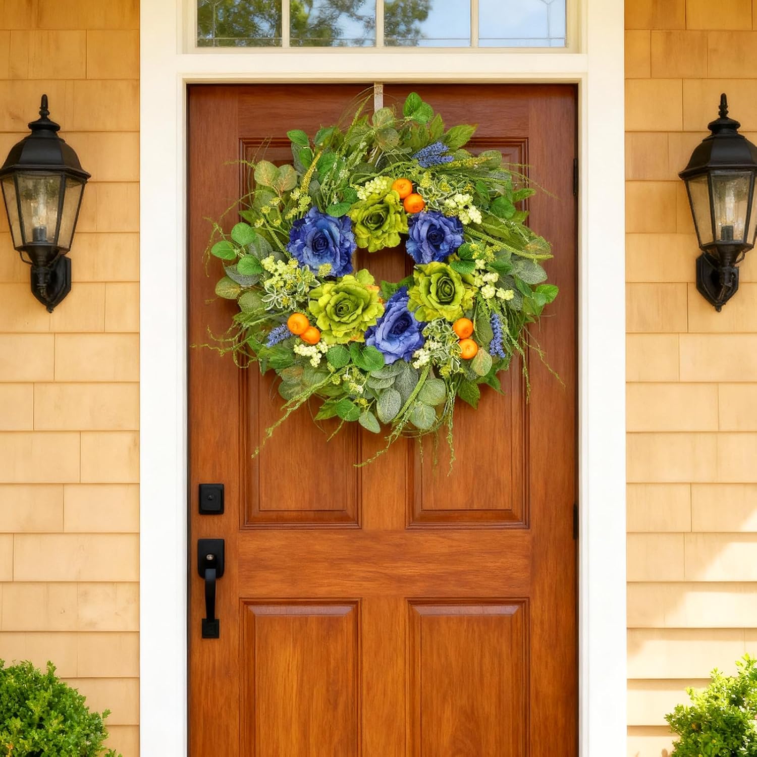 Spring Wreaths for Front Door 24 Inch Artificial Rose Wreath with Rose & Eucalyptus Leaf Orange Berry Accents,Summer Wreath for Home Wall Porch Window Easter Year-Round Indoor/Outdoor Decor