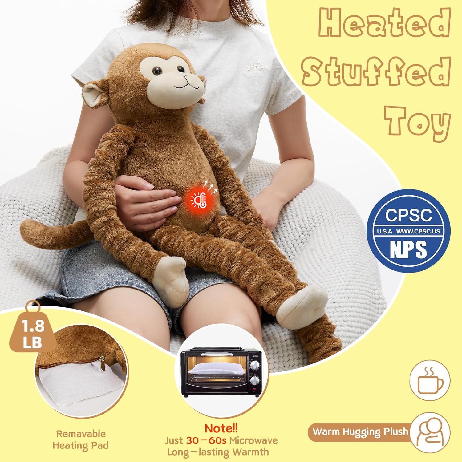 MorisMos Big Monkey Stuffed Animal Plush Toy, 23.6"~35.4" Stretchable Long-Legged Monkey Toy Gift for Kid Adult, Microwavable Heating Stuffed Animal for Birthday Christmas Decor