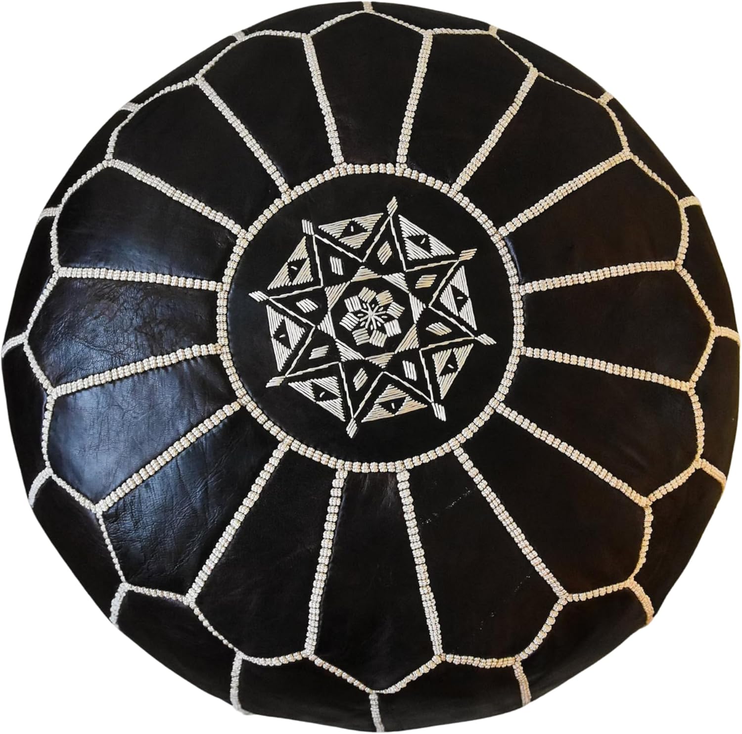 Handmade Black Moroccan Leather Pouf Cover – 20"x20"x12" Unstuffed Round Ottoman Footstool Footrest, Unique Artisan Home Decor