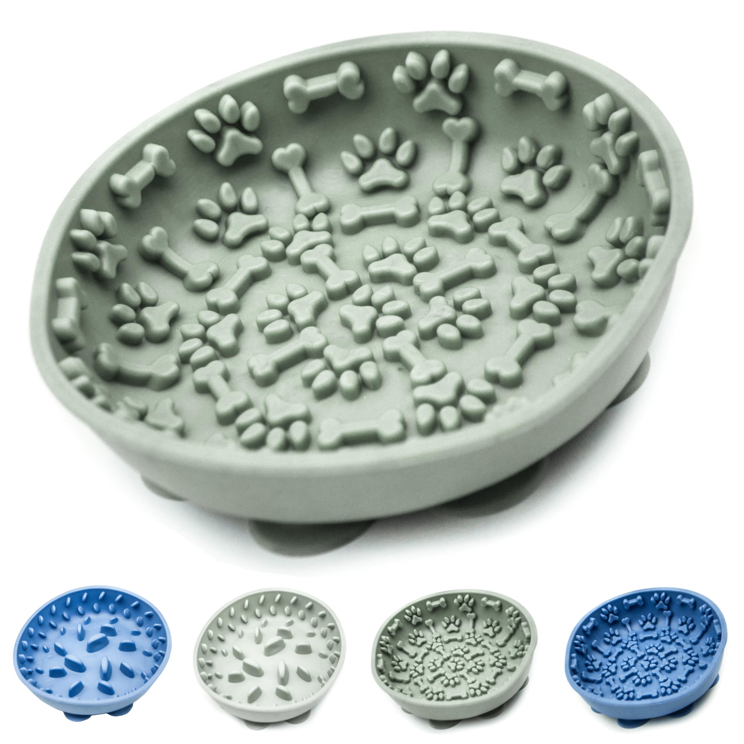 Silicone Pet Bowls – Slow Feeder Dog Bowl with 9 Suction Cups – Non Slip, Raised Ridges, Maze Design – Interactive & Control Feeding for Small to Medium Dogs & Cats (Grey (Bone & Paw), 15cm)