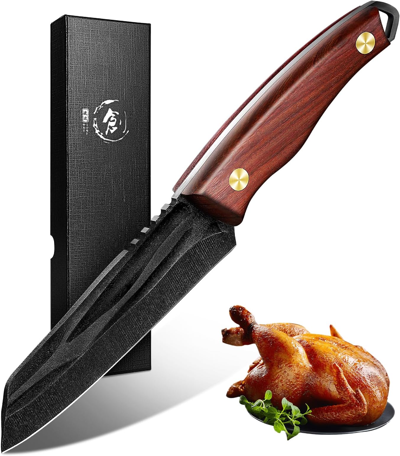TIVOLI Japanese Tanto Knife - Full Tang Fixed Blade Kitchen Utility Knife, Hand-Forged High Carbon Steel with Walnut Wood Handle, for Indoor Cooking - Mens Gift Knife