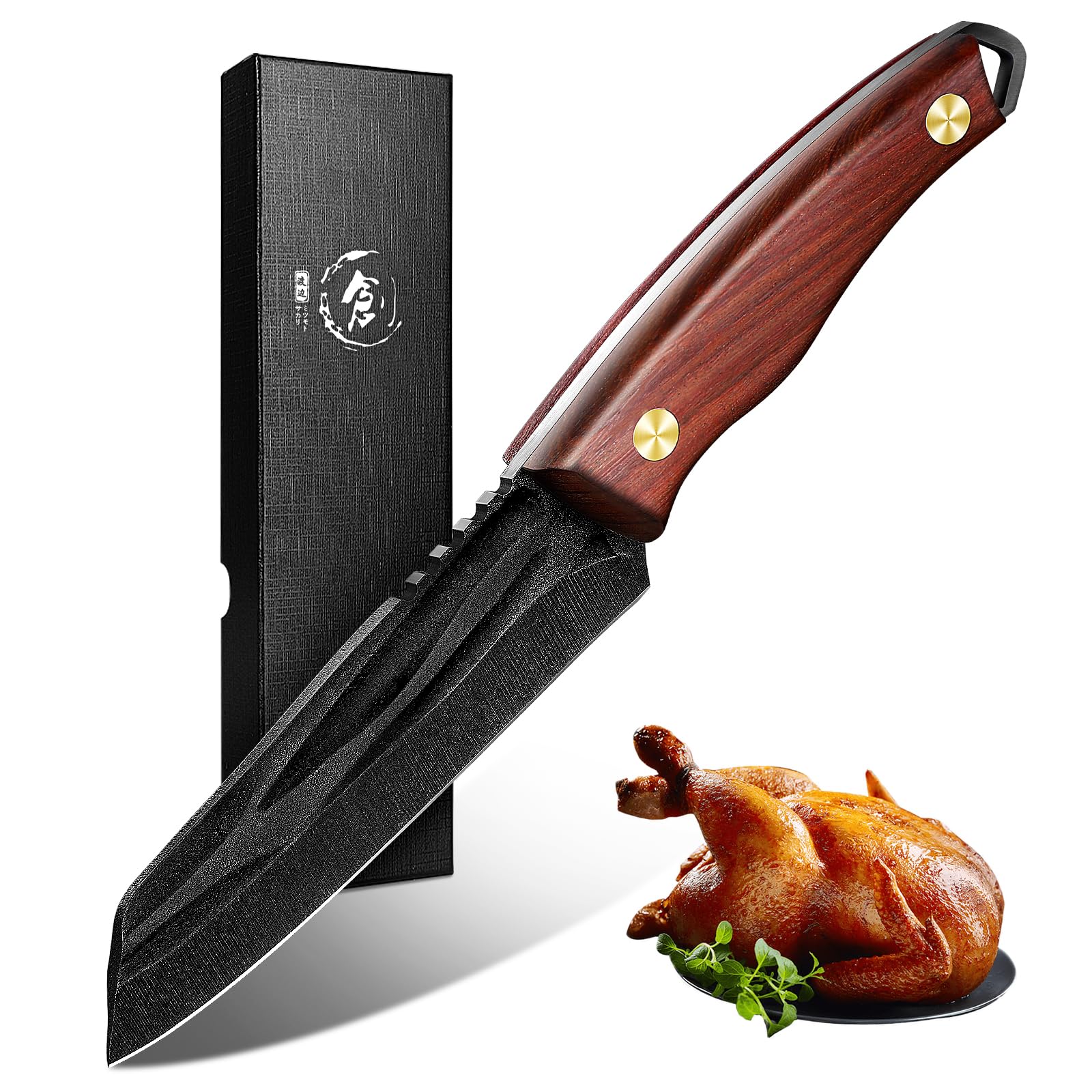 TIVOLI Japanese Tanto Knife – Fixed Blade Utility &Camping Knife, Hand-Forged High Carbon Steel, Walnut Wood Handle, Full Tang, for Indoor Cooking &