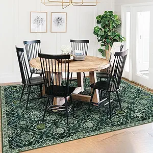 KILOCOCO 5x7 Area Rug, Moroccan Super Soft Washable Living Room Vintage Rug, Non-Slip Large Print Faux Wool Throw Indoor Rug for Entryway Bedroom Office Carpet, Dark Green