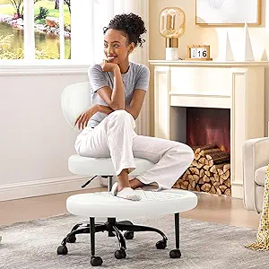 Ergonomic Cross Legged Office Chair with Wheels - Adjustable Height for Meditation, ADHD Desk & Yoga - Wide Criss Cross Design with Lumbar Support, Kneeling Chair - White