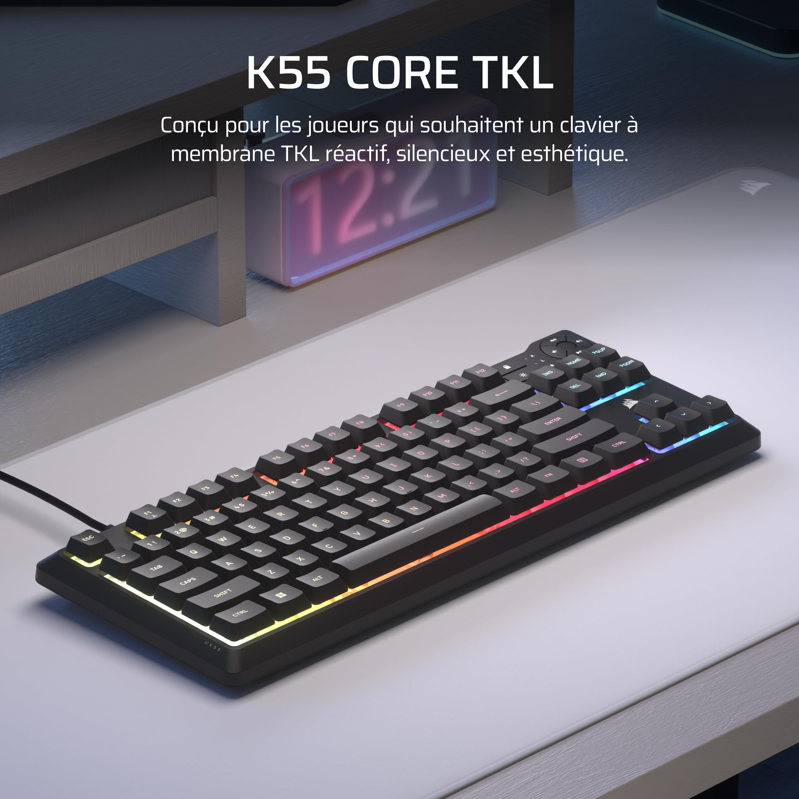 Corsair K55 Core TKL Clavier Gaming RGB (AZERTY FR) – Noir | Tenkeyless, 8 Zones RGB, Touches Silencieuses à Membrane, Résistant aux Éclaboussures, Touches Multimédia, 1000Hz