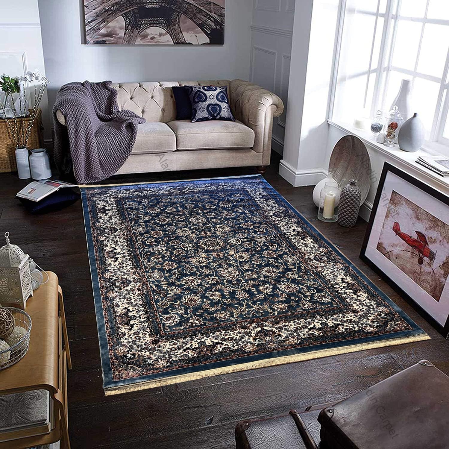 Aladin Carpet Premium Turkish Carpet - Top Selling, Exquisite Imported Traditional & Modern Design, Silk-Wool Rug for Home Décor 6x9 Feet (180x270 cm) Teal Blue