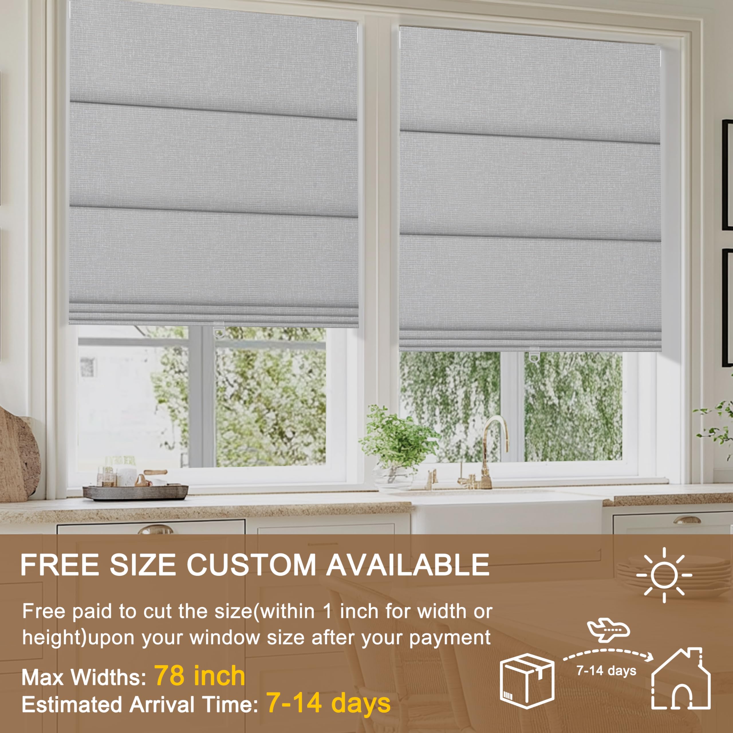 BERISSA No Drill Blackout Roman Shades for Windows, Cordless Linen Fabric Roman Blinds for Windows,Pull Down Room Darkening Window Shades for Home Office,Marble Grayish White,56