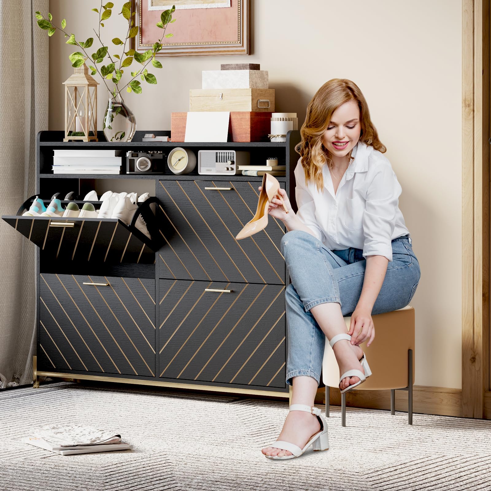 Shoe Cabinet,Shoe Storage Cabinet with 4 Flip Drawers,shoe cabinets with doors shoe cabinets for entryway with Metal Legs Hidden Freestanding Shoe