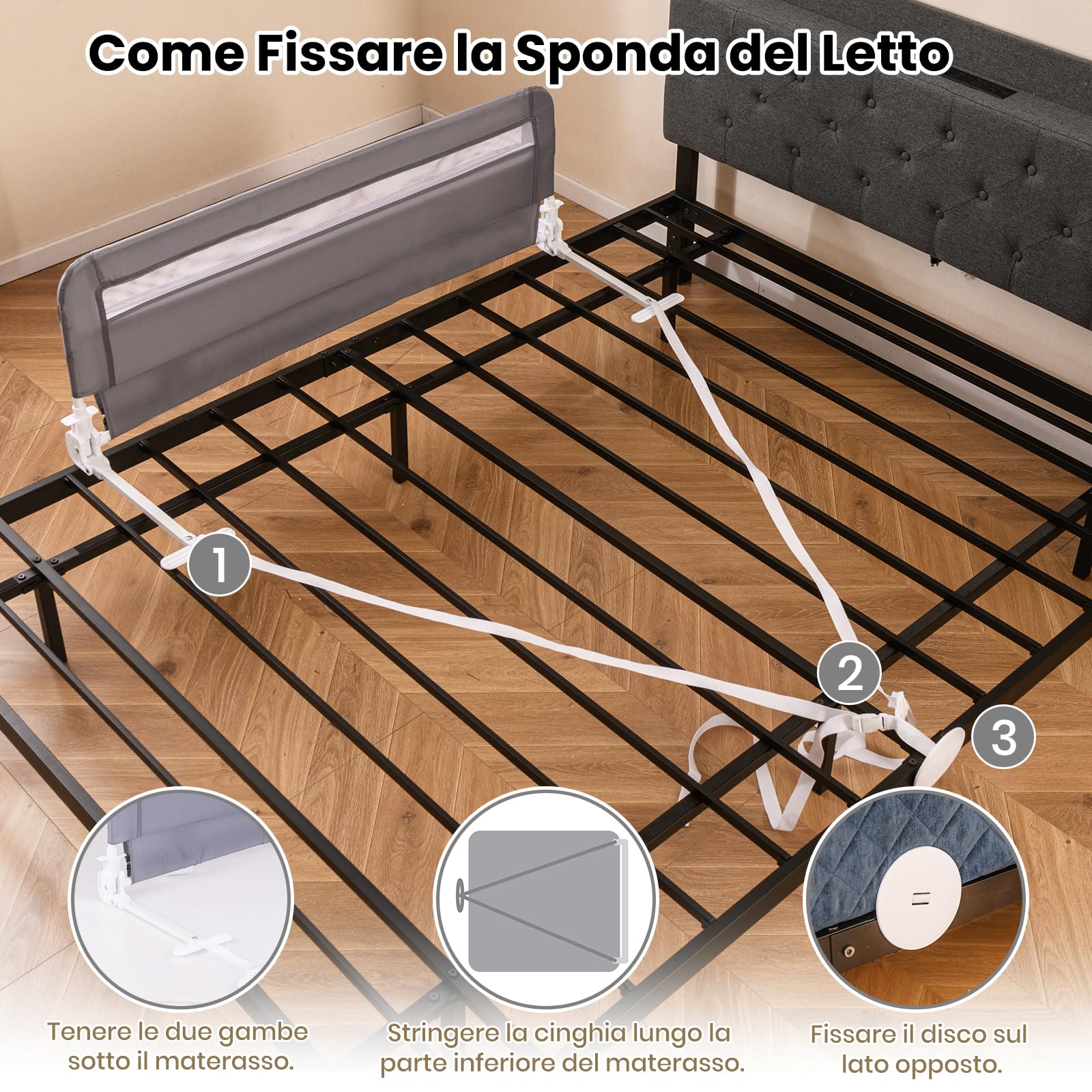 COSTWAY Sponda da Letto per Bambini 100/120 cm, Barriera Pieghevole per Letto, con Cintura di Sicurezza, Sponda di Sicurezza per Bambini, per Letti Singoli, Doppi, 100/120 x 41 x 42 cm (120 cm,Grigio)