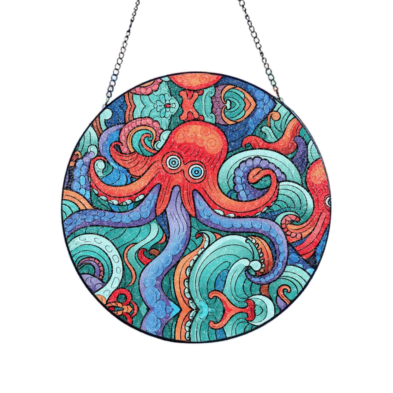 Phayah Octopus Mutant Print Glass Window Hanging Sun Catchers Suncatcher Decor For Birthday For Home Garden Porch 6in（15cm）