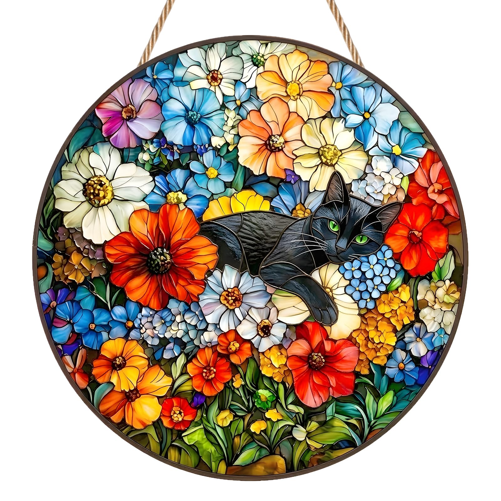 Black Cat Sun Catchers for Windows, Flower Stained Glass Style Suncatcher, Handmade Window Hanging Ornament, Durable Acrylic Sun Catcher, Animal Suncatchers for Garden, Balcony and Home Decor
