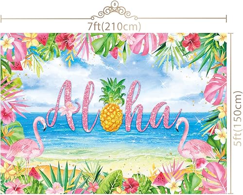 Miniatura 6 de Maijoeyy Fondo rosa Aloha de 7 x 5 pies para fotografía de playa tropical de Hawaii, flamenco, Luau, cumpleaños, baby shower, fiesta, decoración