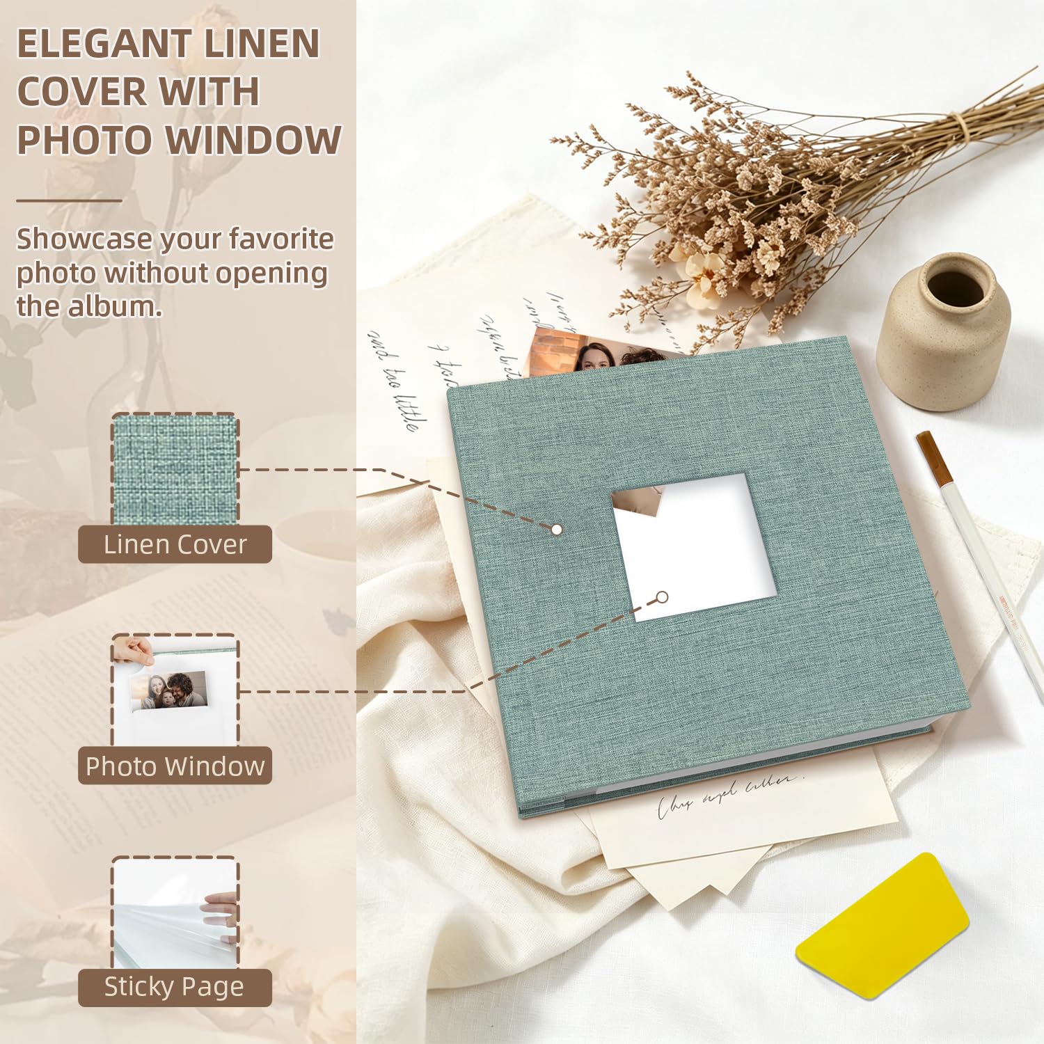 Popotop Álbum de fotos autoadhesivo con ventana de visualización de fotos, 60 páginas, álbum de recortes para fotos de 4 x 6 a 10 x 12, libro de recuerdos de cubierta de lino para boda, familia, con