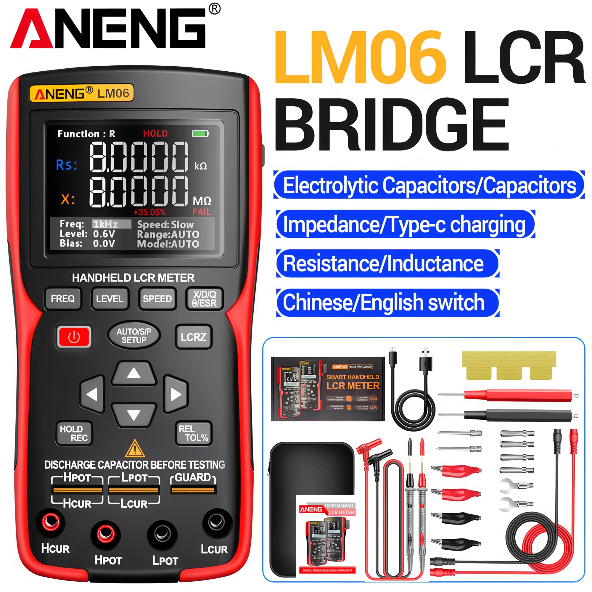 Medidor Puente LCR LM06 Medidor ESR Electrónico Multímetro Capacitor Reparación Taller Prueba Inductancia Resistencia DIY 100Hz 100kHz Herramientas de Medición (LM06+pinza Kelvin)