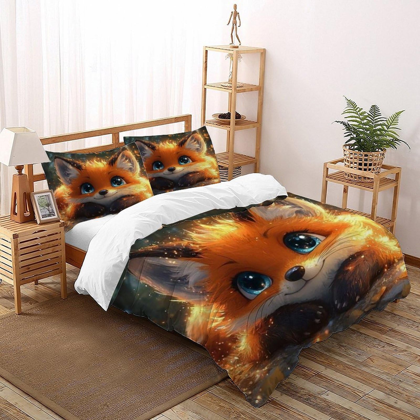 Fox Leaf Bedding Set 3D Digital Printing Animal Themes Wildlife Duvet Cover Set Chic Breathable Quilt Cover for Boys & Girls with Pillow Double（200x200cm）