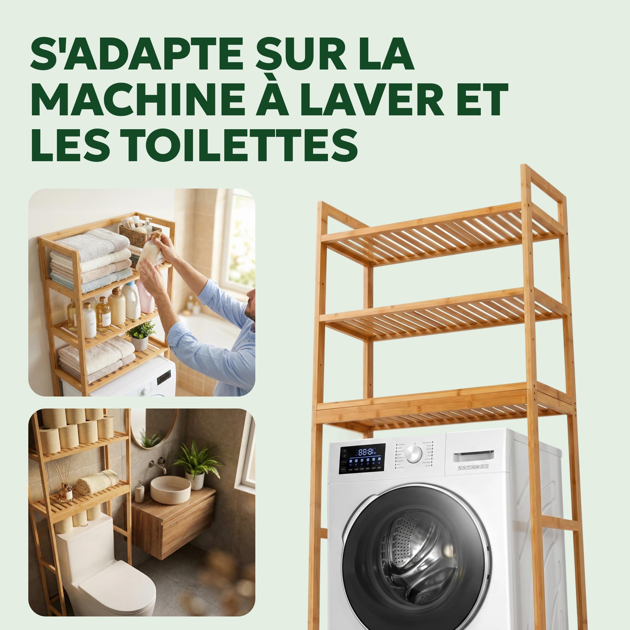 Meuble Machine à Laver Bambou - Meuble Buanderie Bois - Dessus Lave Linge | MY FAT GORILLA Meuble Machine à Laver Bambou 3 Étagères Bois – Meuble de Buanderie Dessus Lave Linge 66x26x170 cm