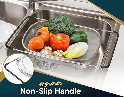 Miniatura 6 de Colador sobre el fregadero para cocina, cesta coladora sobre el fregadero de 6 cuartos de galón con asas ergonómicas extensibles y pies de apoyo,