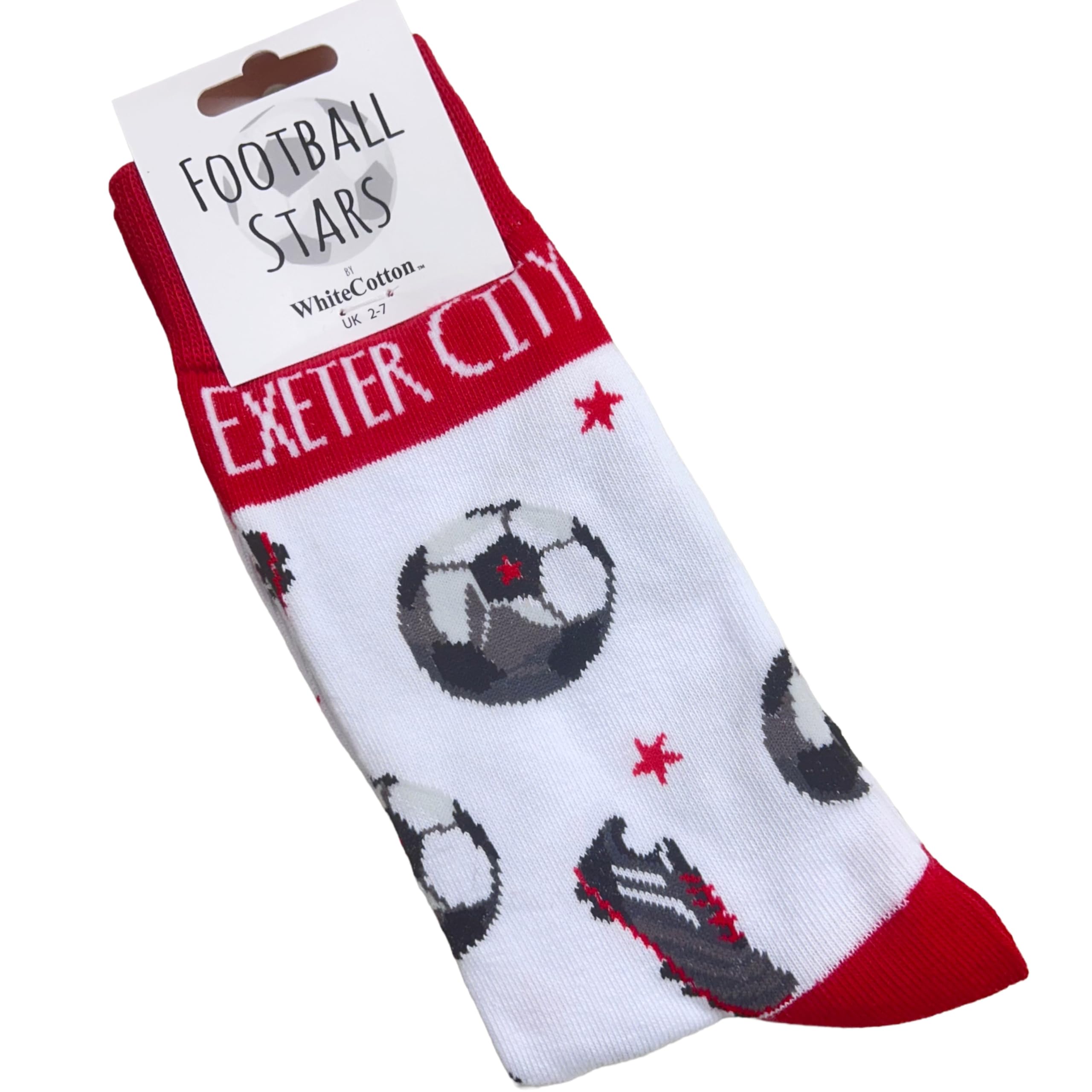 WHITE COTTON CARDS Exeter City Football FC The Grecians - Football Fan Novelty Socks. Size UK Large 8-12 (S-FN100)