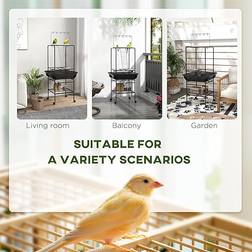 Miniatura 3 de PawHut Soporte para pájaros con ruedas, soporte de loro con perchas, cuencos de alimentación de acero inoxidable, bandeja extraíble, colgador de