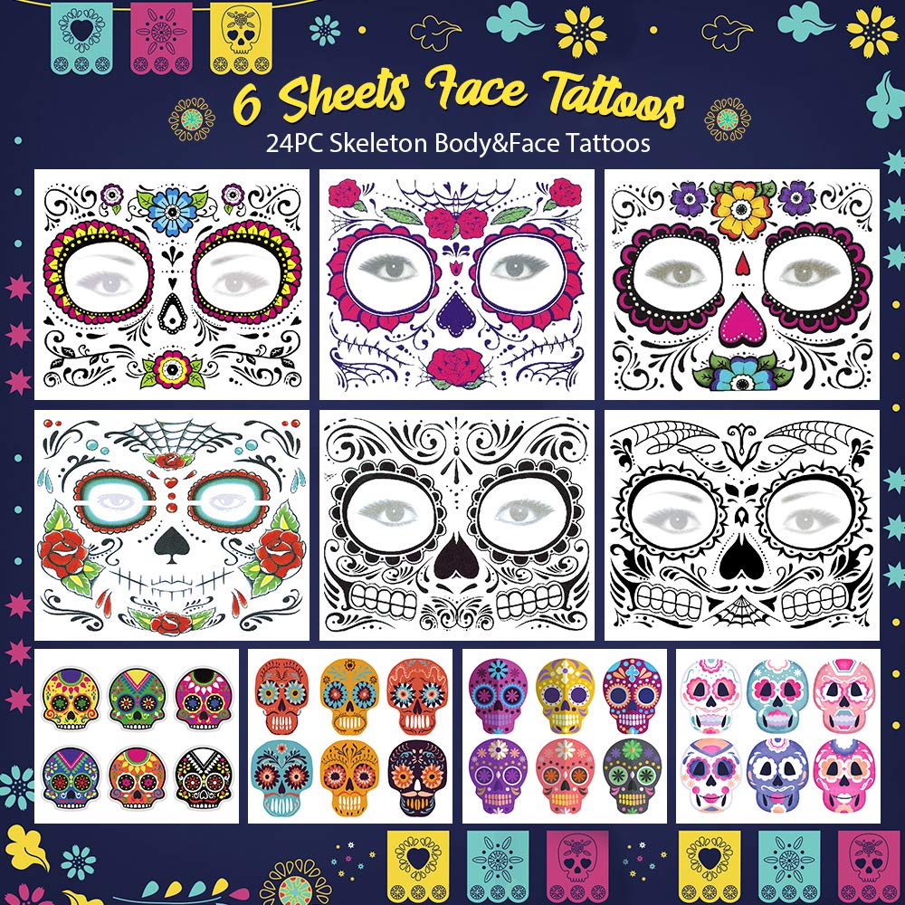Day of the Dead Face Tattoos Skeleton, dia de los muertos makeup Day of