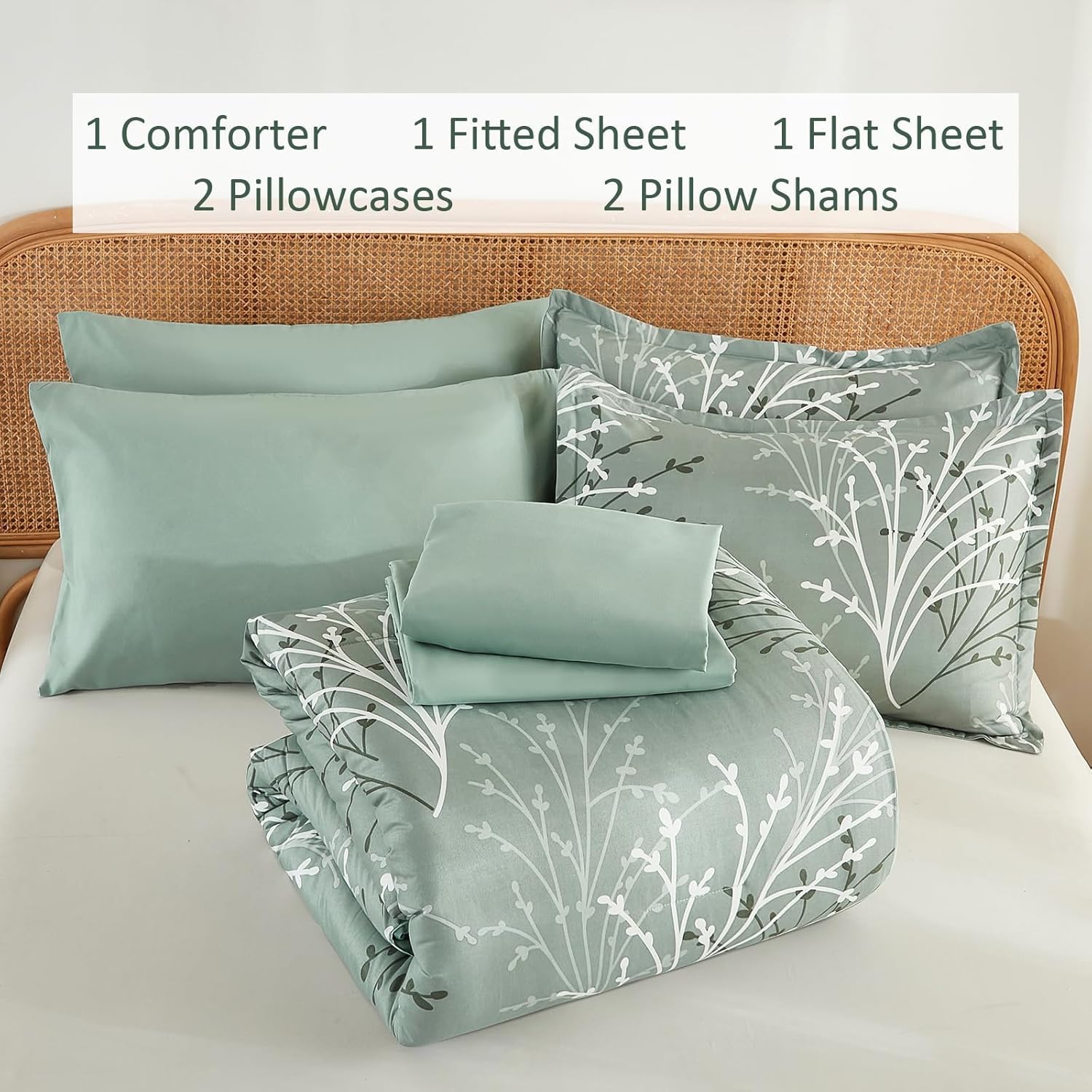 DJY Sage Green Comforter Set Queen Size Branch Botanical 7 Piece Bed in a Bag Green Floral Bedding Sets, Soft Microfiber Branches Leaves Pattern Reversible Comforter Set for All Season (90''x90'') - Image 9