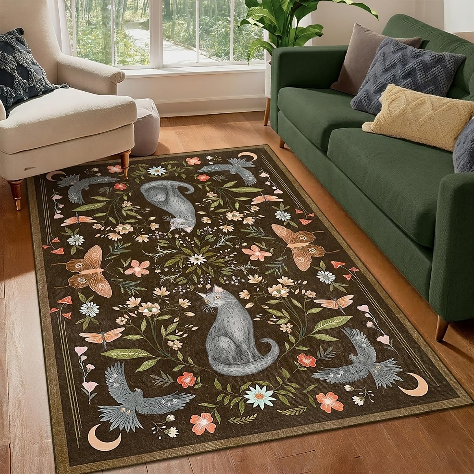 FairyStyle Cat Area Rug 120x170 cm, Animal Print Washable Rugs for Living Room, Low Pile Non Slip Floor Mat Soft Floral Throw Rug Indoor Carpet for Bedroom Dorm Playroom Gothic Decor, Dark Brown