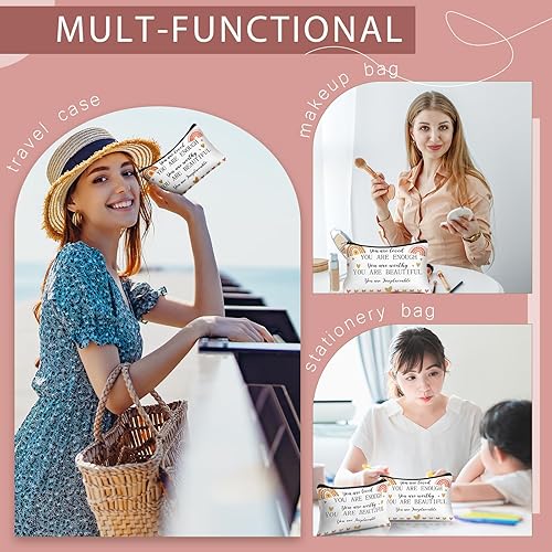 Miniatura 4 de 10 bolsas de cosméticos arcoíris con citas inspiradoras, bolsas de maquillaje You Are Enough Worthy Loved Gift Bag Positive Makeup Bag para bolso,