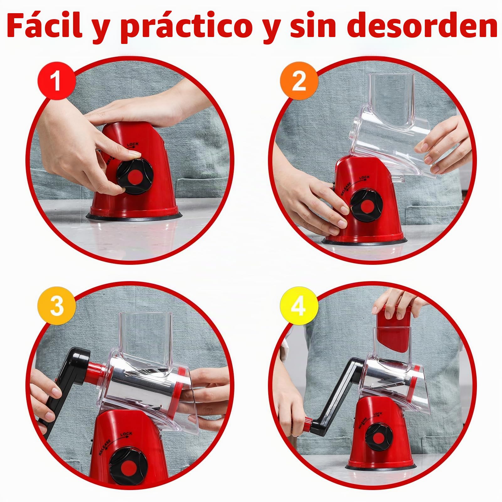 GDL Rallador de Queso, 3 Cuchillas Cortador de Verdura, Rallador Cocina | Versatilidad, Acero Inoxidable 430, Corte Rápido, Fácil Limpieza, Fuerte Ventosa, Seguridad de uso, Sin BPA, Mango Ergonómico