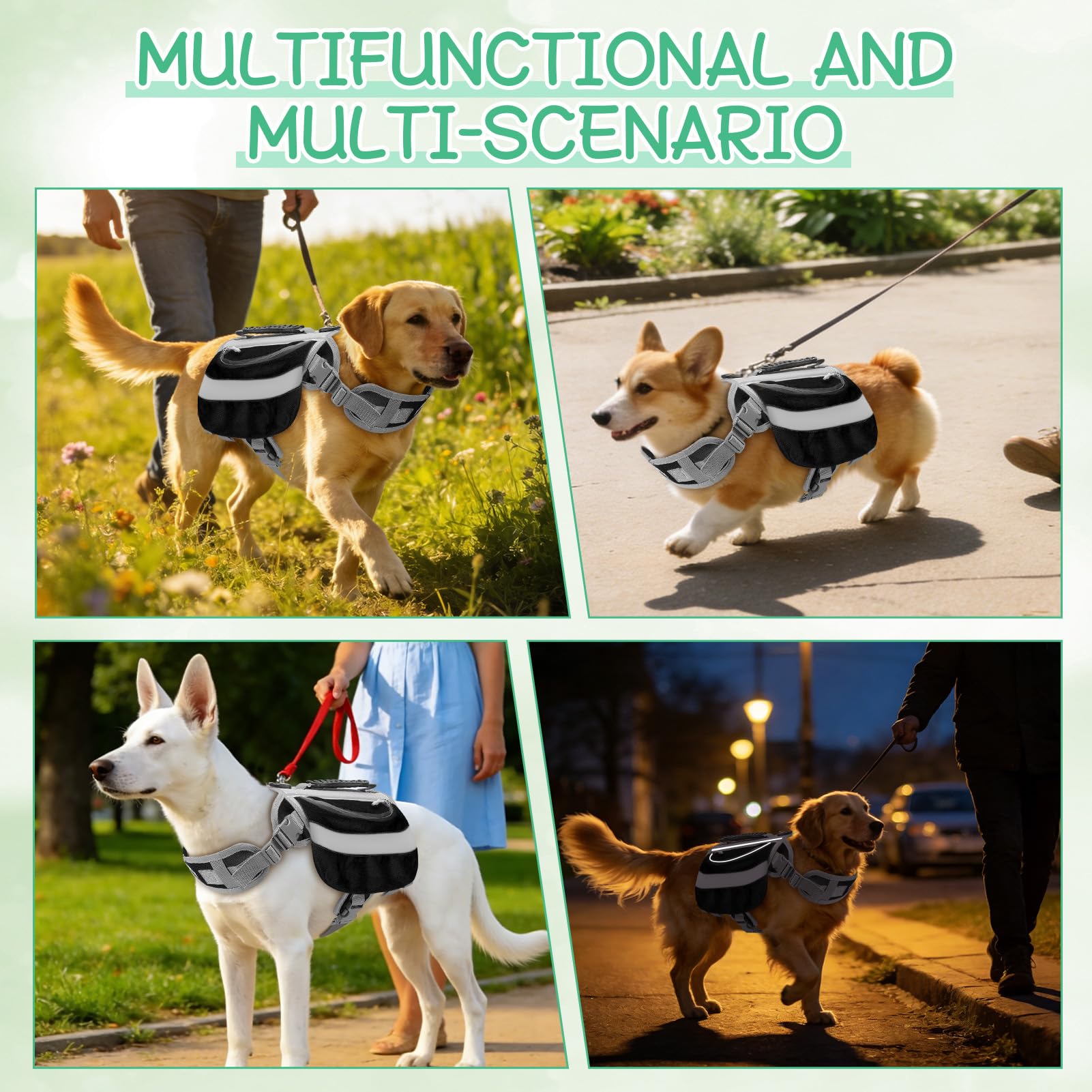 Imbracatura per cani per escursionismo, borsa da sella per animali domestici Ripstop con finiture riflettenti, zaino da viaggio regolabile per cani, zaino leggero da campeggio per escursioni per razze