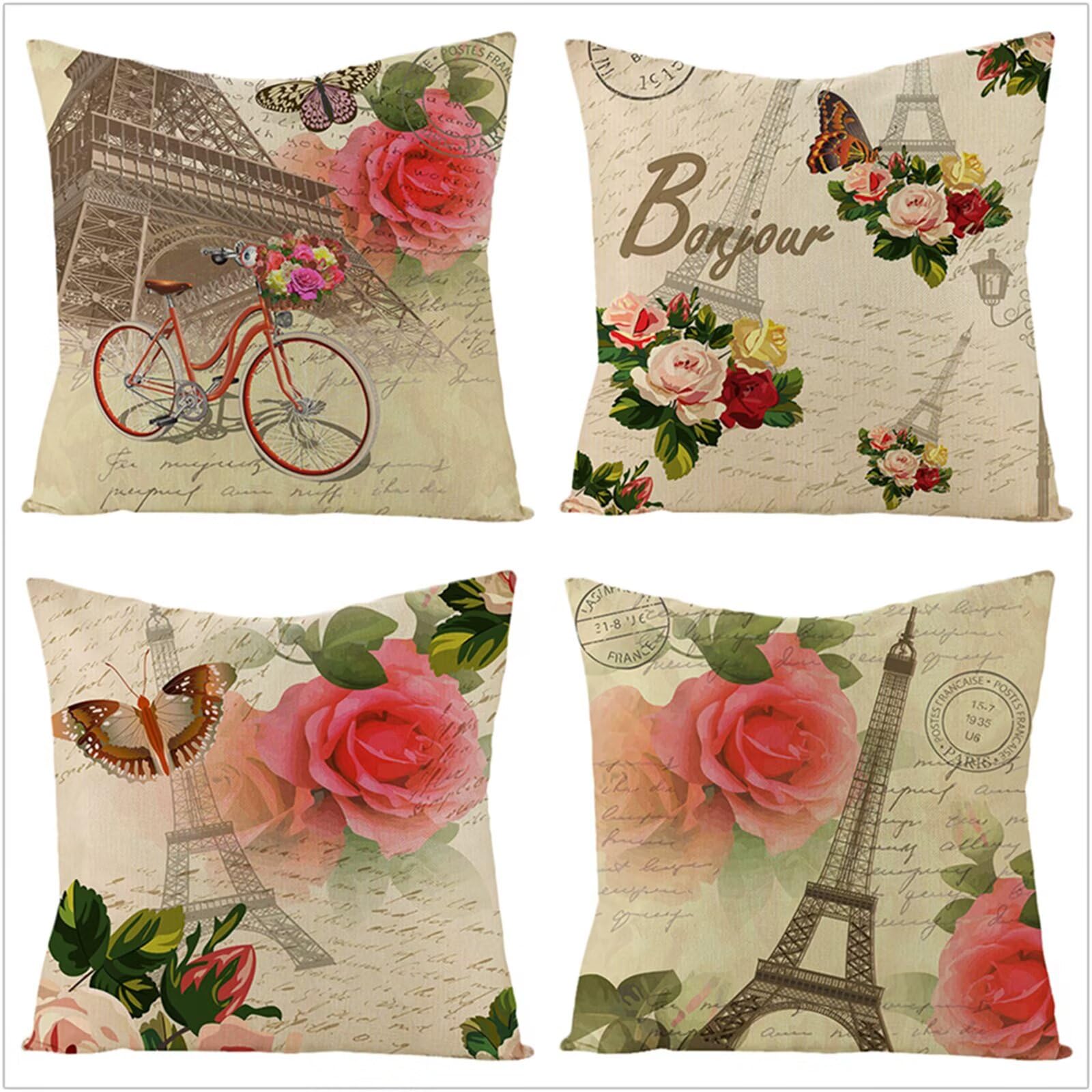 Fundas Cojines 65x65cm,Funda Cojin Modernas Juego de 4 Funda de Almohada Elegantes Decorativa para Sofá Coche Cama Sillas Torre de Flores Retro