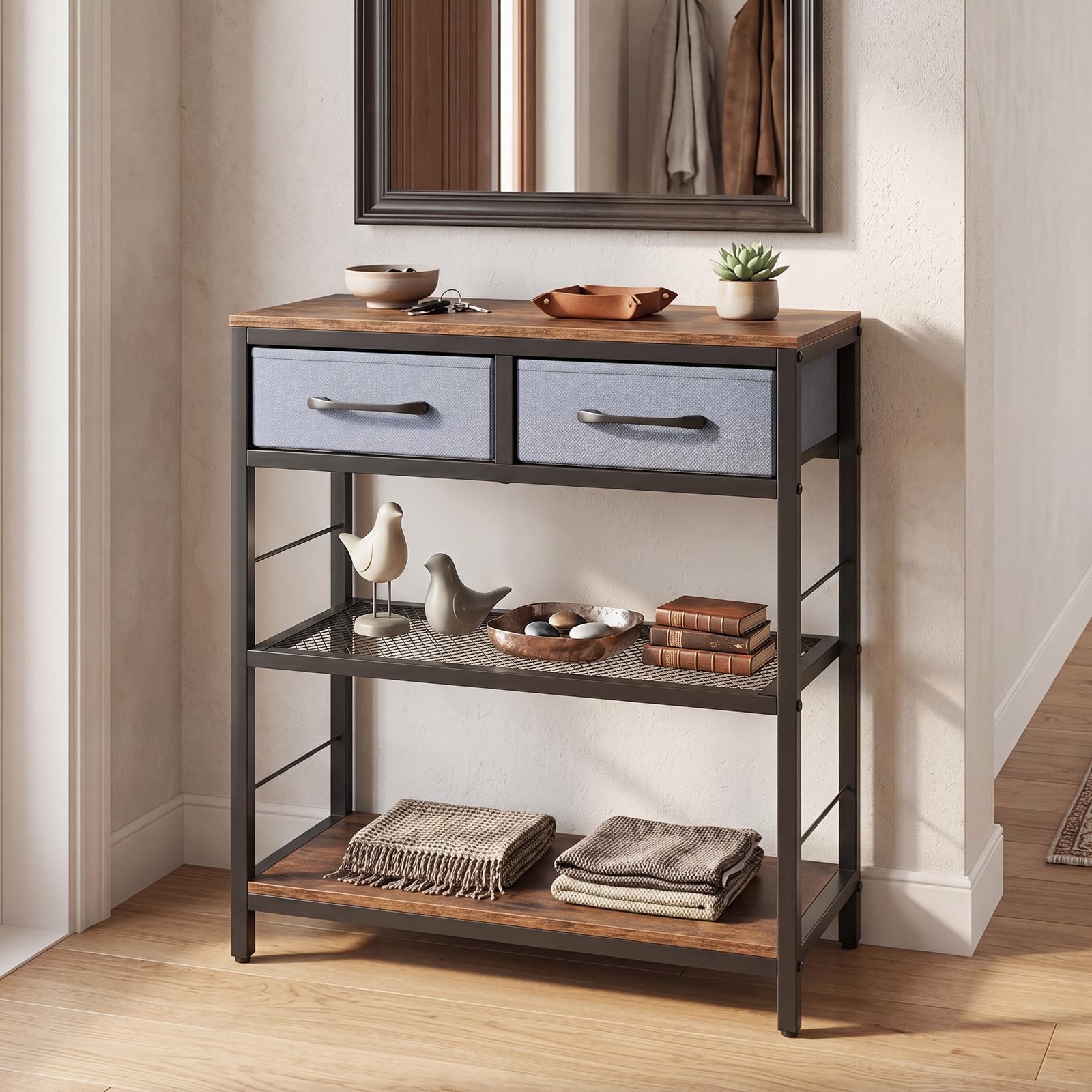 COSTWAY Mesa Consola Estrecha, Consola Recibidor con 2 Cajones de Tela y 2 Estantes Abiertos de Almacenaje, Estructura de Metal, Mesa de Entrada Rústica para Salón Pasillo, 60 x 30 x 81 cm (Marrón)