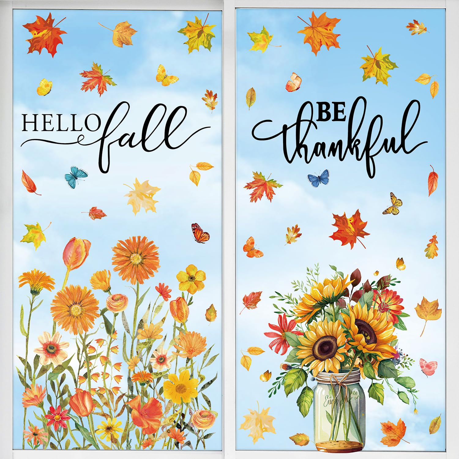 Quera Fall Window Clings - Thanksgiving Decals, Autumn Leaves Stickers, Butterfly Sunflower Vase Flower Decorations for Home Party Supplies Glass (6 Sheets)