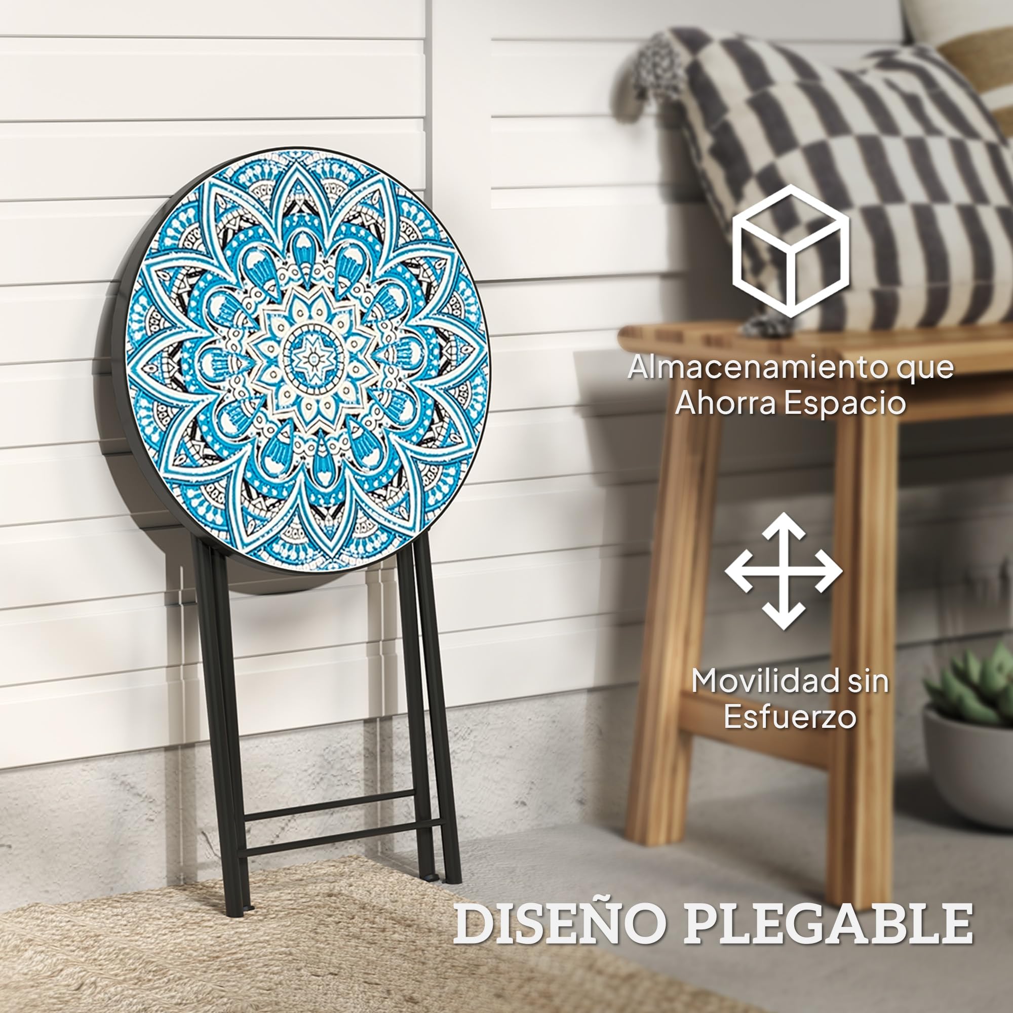 Outsunny Mesa Auxiliar Redonda Mesa de Jardín Exterior Plegable con Encimera de Mosaico y Almohadillas Antideslizantes Mesa para Exterior Terraza Patio Ø35,5x55 cm Azul