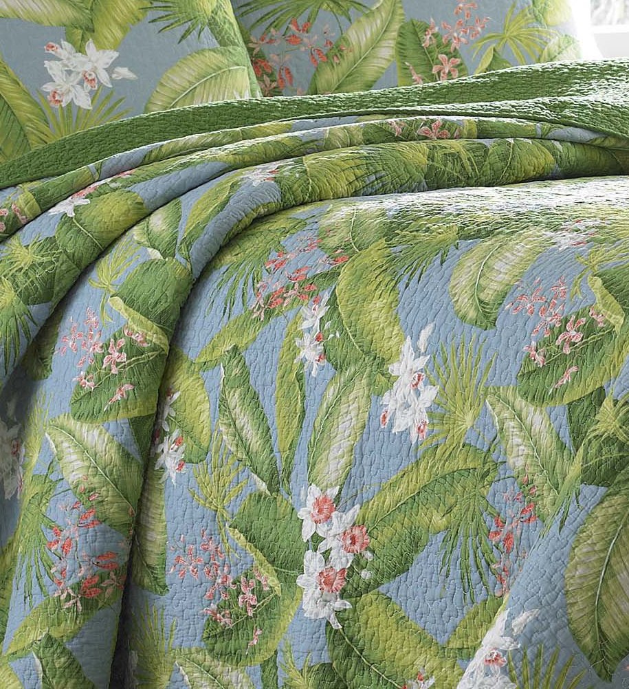 Tommy Bahama Quilt Set Reversible Cotton Bedding with Matching Shams, Lightweight Home Decor for All Seasons, Queen, Green/Sky Blue