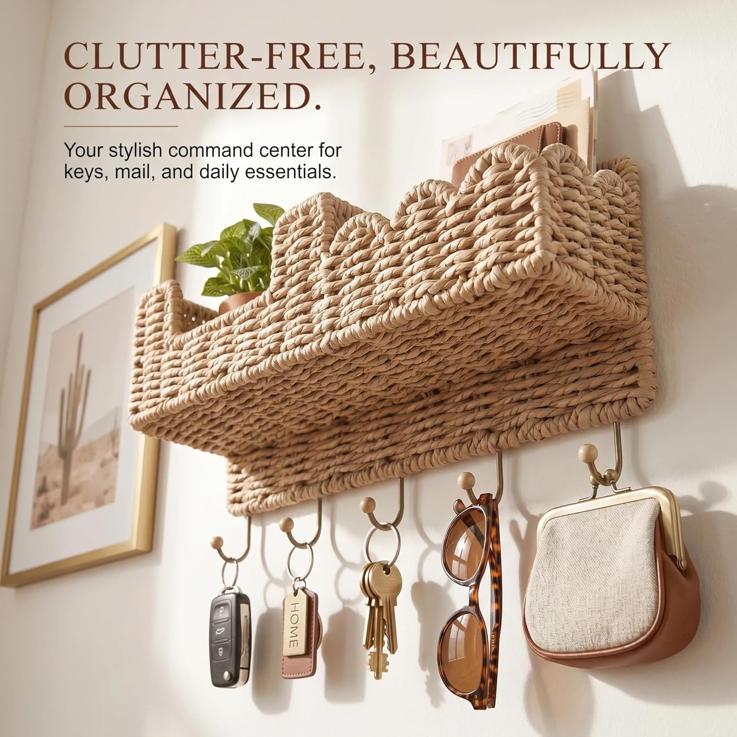 Mail and Key Holder for Entryway Wall Mounted Key Holder with 5 Hooks Boho Woven Key Holder Wall Mount Decorative Organizer for Hallway Living Room